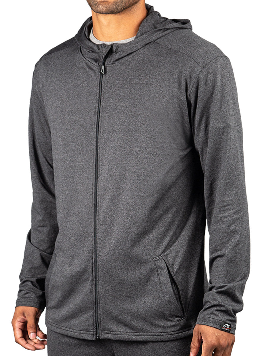 WSI Sportswear SoftTECH™ Pro Full Zip Travel Top in Charcoal Gray, Made in USA, Buttery Soft SoftTECH™ Pro weight material, Full Zip, built-in hood, & welt pockets Travel Top