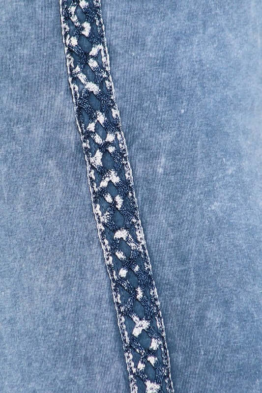 Close up View Chatoyant Mineral Washed Capri Leggings with Crochet Lace Side Stripe | Style# P30342 | Made in USA with USA Made Fabric | Classy Cozy Cool American Boutique