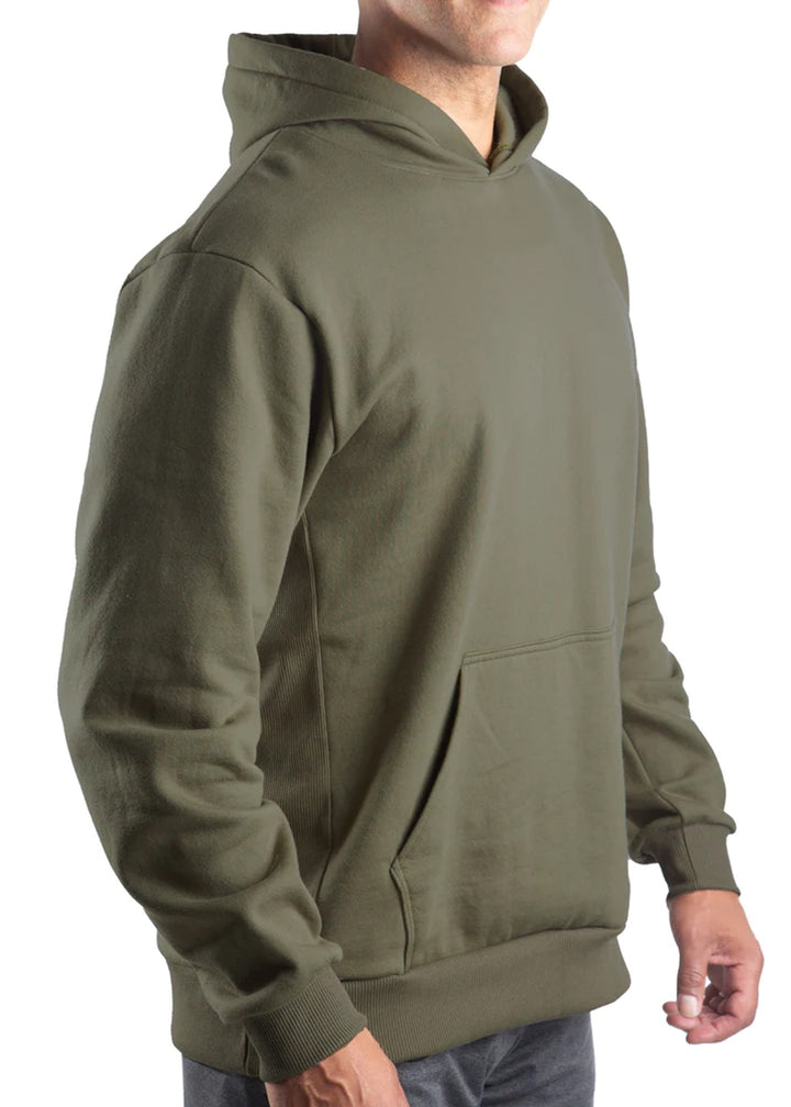 WSI Sportswear Men's Mid-Weight Fleece Hoodie Made in USA in Black or Moss Green,  Loose Fit, Super comfortable and durable 14 ounce heavy-weight fleece, Built in hood and kangaroo pocket, Ribbed cuffs
