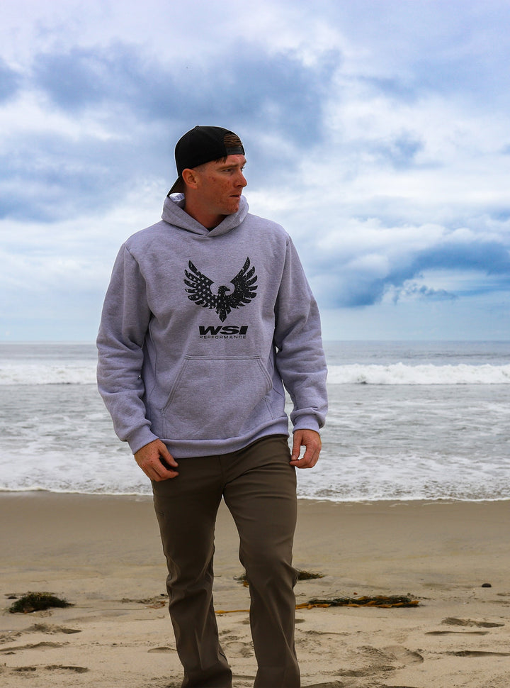 Made in USA WSI Sportswear Men's Distressed Flag Heavy Weight Fleece Hoodie in Heather Gray with Patriotic Graphic, Comfortable and durable 20 ounce heavy-weight fleece, Built in hood and kangaroo pocket, Ribbed cuffs, The heavy-weight fleece fabric will keep you extremely warm in the winter Proudly Made in USA since 1990 Heavy-Weight Fleece: 90% Cotton, 10% Polyester 