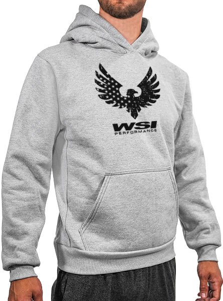 Made in USA WSI Sportswear Men's Distressed Flag Heavy Weight Fleece Hoodie in Heather Gray with Patriotic Graphic, Comfortable and durable 20 ounce heavy-weight fleece, Built in hood and kangaroo pocket, Ribbed cuffs, The heavy-weight fleece fabric will keep you extremely warm in the winter Proudly Made in USA since 1990 Heavy-Weight Fleece: 90% Cotton, 10% Polyester 