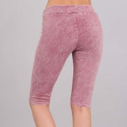 Ladies Mineral Washed Rose Denim Knee Length Biker Shorts | Chatoyant Style# C30331 | Made in USA | Classy Cozy Cool Women's Made in America Boutique