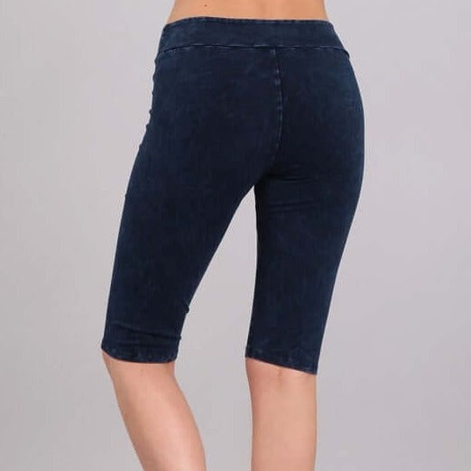 Ladies Mineral Washed Dark Denim Knee Length Biker Shorts | Chatoyant Style# C30331 | Made in USA | Classy Cozy Cool Women's Made in America Boutique