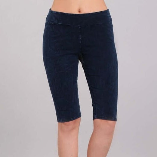 Ladies Mineral Washed Dark Denim Knee Length Biker Shorts | Chatoyant Style# C30331 | Made in USA | Classy Cozy Cool Women's Made in America Boutique