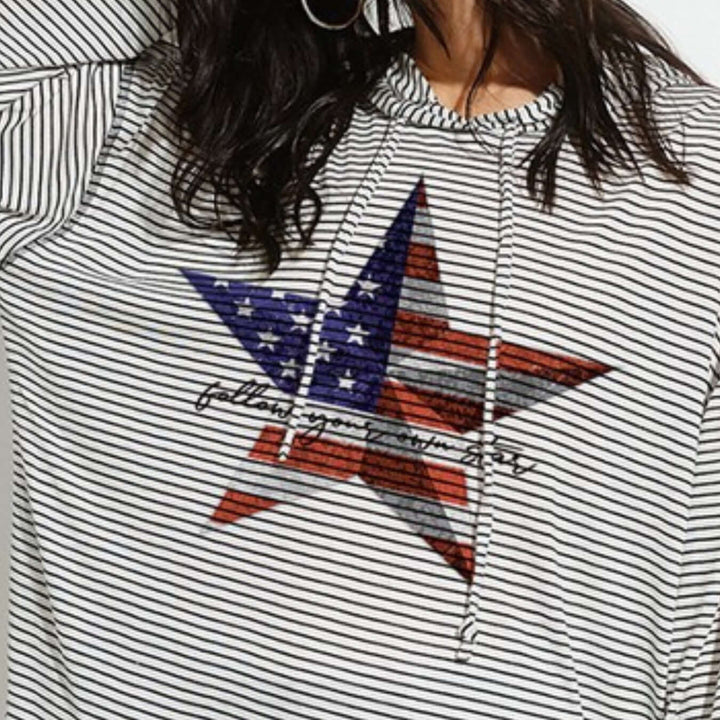 Made in USA  Graphic Lightweight Oversized Hoodie with American Flag Star Graphic, Text Reads: "follow your own star" Black & White Striped Pattern
