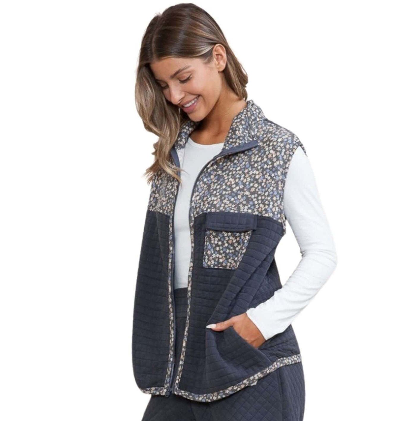 Navy Quilted Vest with Ditsy Floral Detail