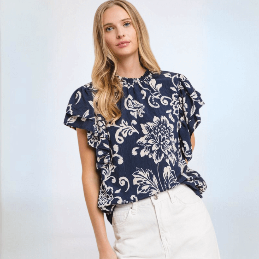 Made in USA Women's Floral Navy Flutter Sleeve Top Comfortable Relaxed Fit | Classy Cozy Cool Made in America Boutique