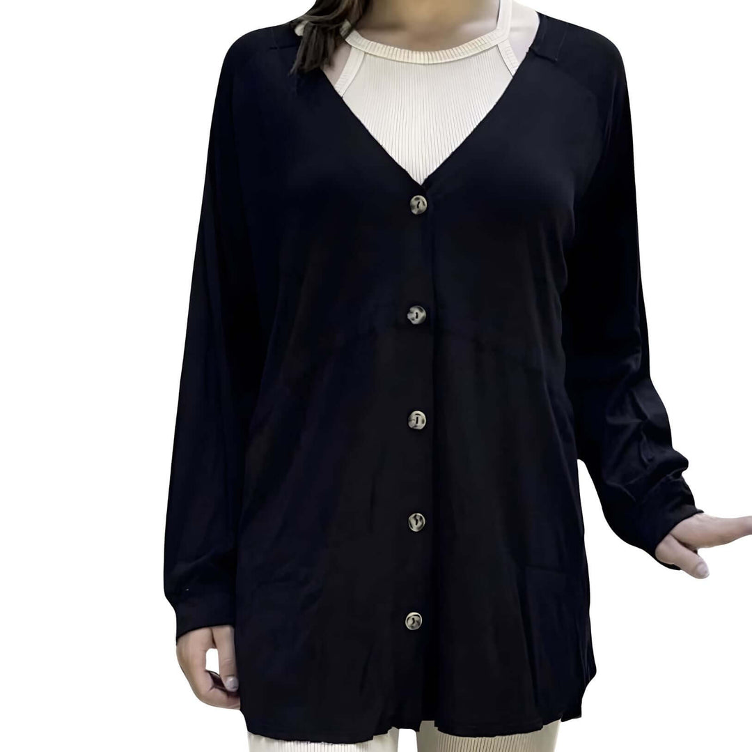USA Made Women's Long Line Slouchy Cotton & Modal Lightweight Cardigan in Black | Classy Cozy Cool Ladies Made in America Clothing Boutique