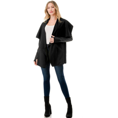 Made in USA Trendy Unique Women's Black Open Front Jacket with Faux Leather Sleeves, Thumbholes, Snap Lapel Closure and Side Pockets | Classy Cozy Cool Women's Made in America Clothing Boutique