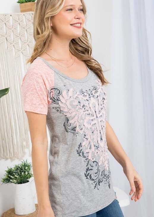 USA Made Ladies Embellished Raw Edge Detail Fitted Tee With Cross Design in Pink & Grey | Classy Cozy Cool Women's Made in America Boutique