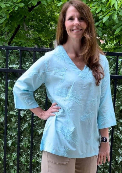 Made in USA Women's 100% Cotton Dragonfly Embroidered Lightweight V-Neck Top with 3/4 Sleeves in Aqua Blue | Classy Cozy Cool Women's Made in America Boutique