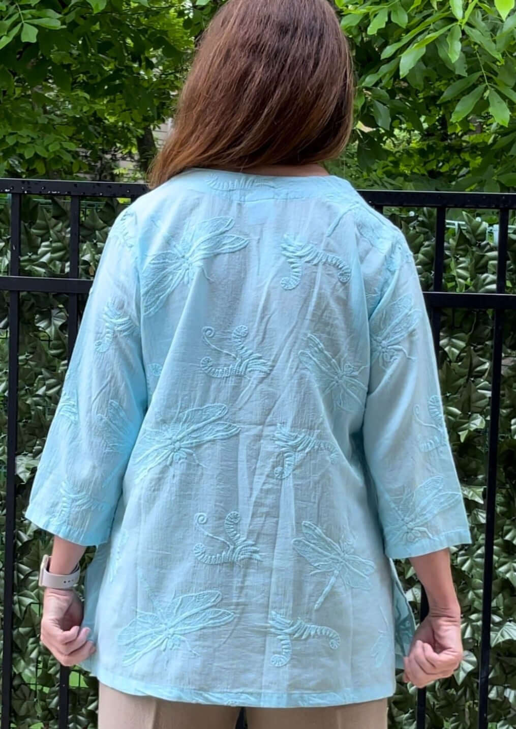 Made in USA Women's 100% Cotton Dragonfly Embroidered Lightweight V-Neck Top with 3/4 Sleeves in Aqua Blue | Classy Cozy Cool Women's Made in America Boutique