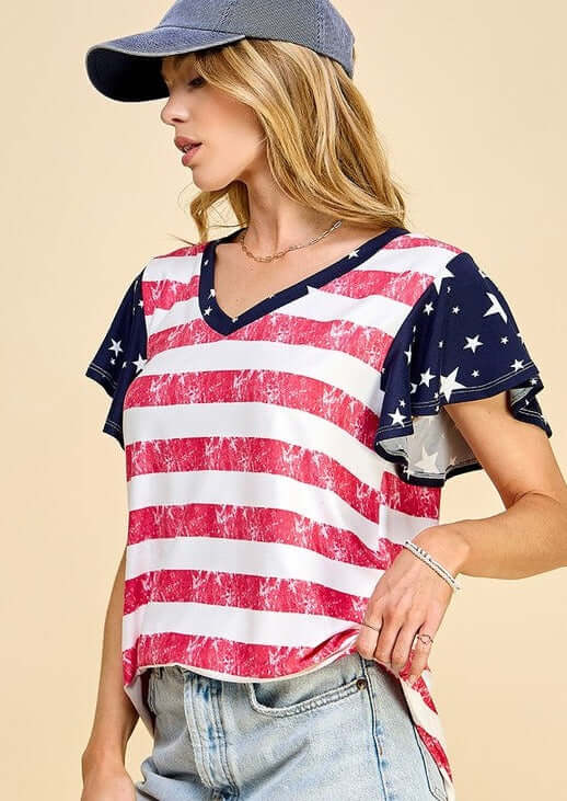 Made in USA | 4th of July Ladies Ruffle Flutter Sleeves Patriotic V-Neck Shirt in Red White & Blue with Stars & Stripes Design | Classy Cozy Cool Women's Made in America Boutique