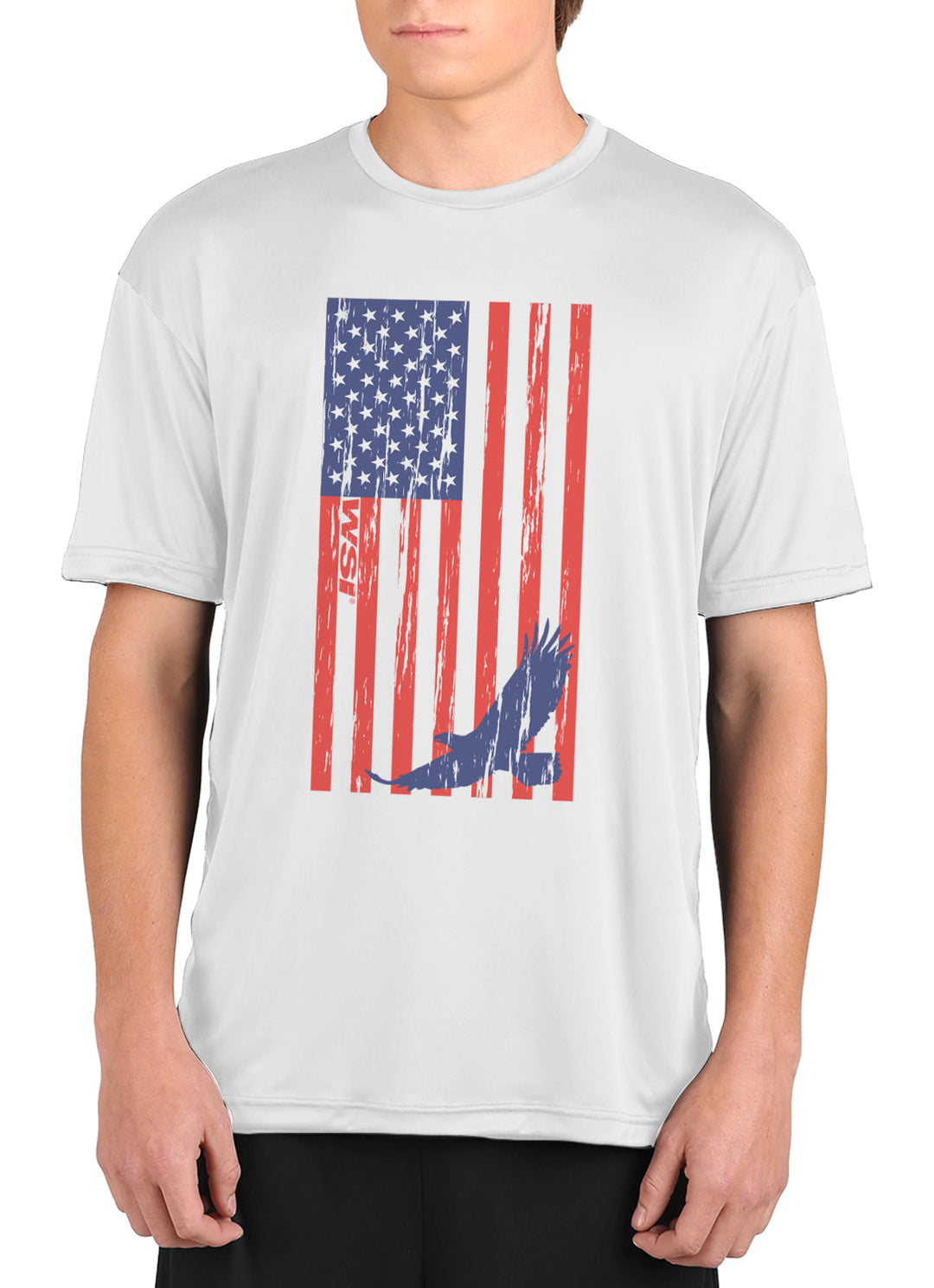 Made in USA WSI Sportswear Men’s Patriot Microtech™ Loose Fit Short Sleeve Shirt, Moisture Wicking, Patriotic White T-Shirt