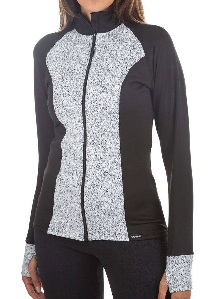 Made in USA WSI Sportswear Women's Frosted HEATR® Full Zip Fitted Athletic Jacket,  Advanced wicking properties, anti-microbial properties, in Black and Gray