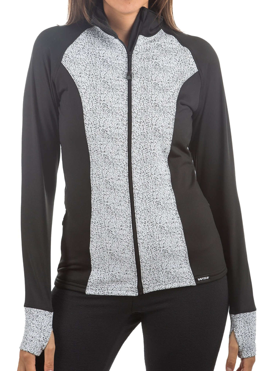 Made in USA WSI Sportswear Women's Frosted HEATR® Full Zip Fitted Athletic Jacket,  Advanced wicking properties, anti-microbial properties, in Black and Gray