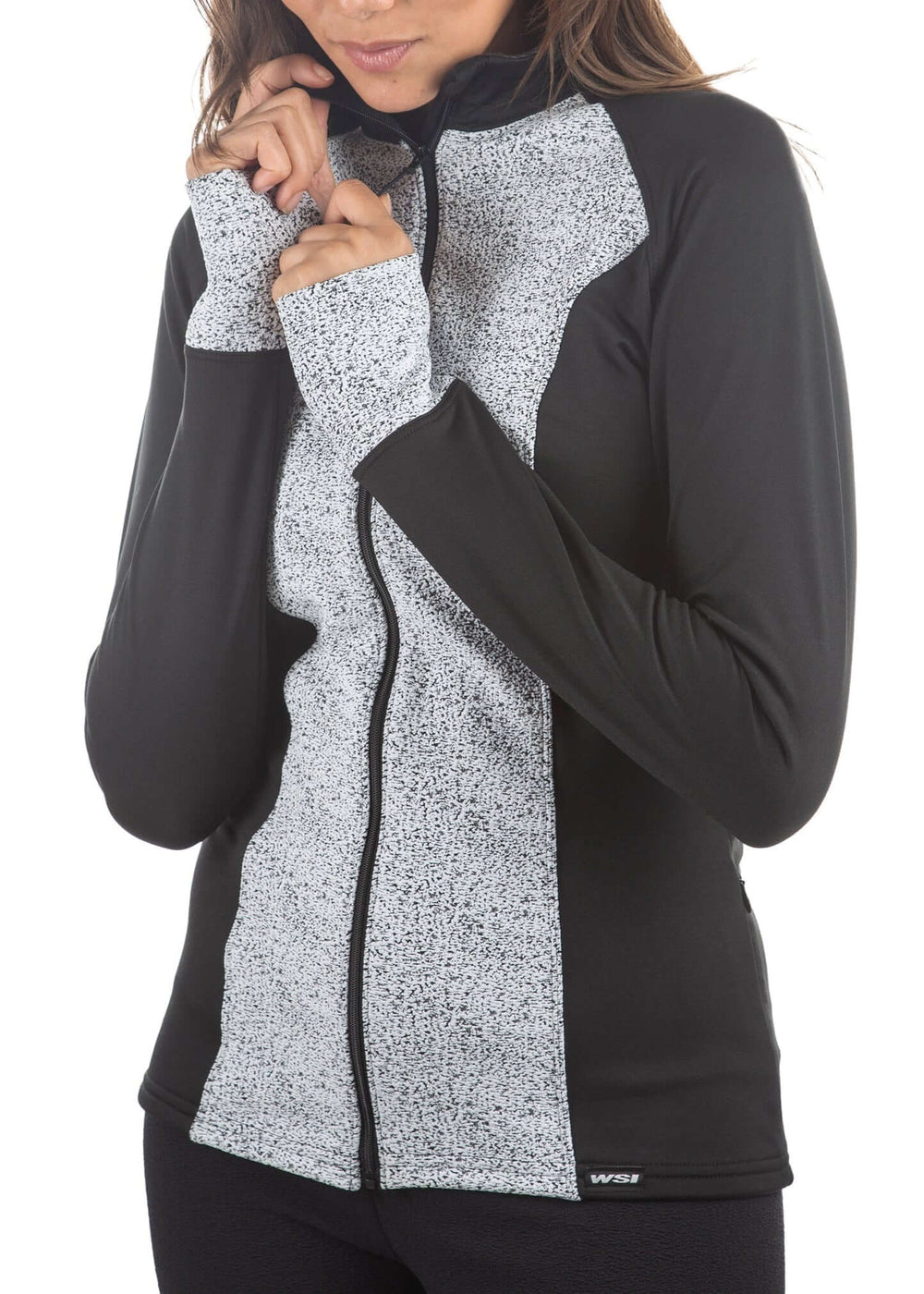 Made in USA WSI Sportswear Women's Frosted HEATR® Full Zip Fitted Athletic Jacket,  Advanced wicking properties, anti-microbial properties, in Black and Gray