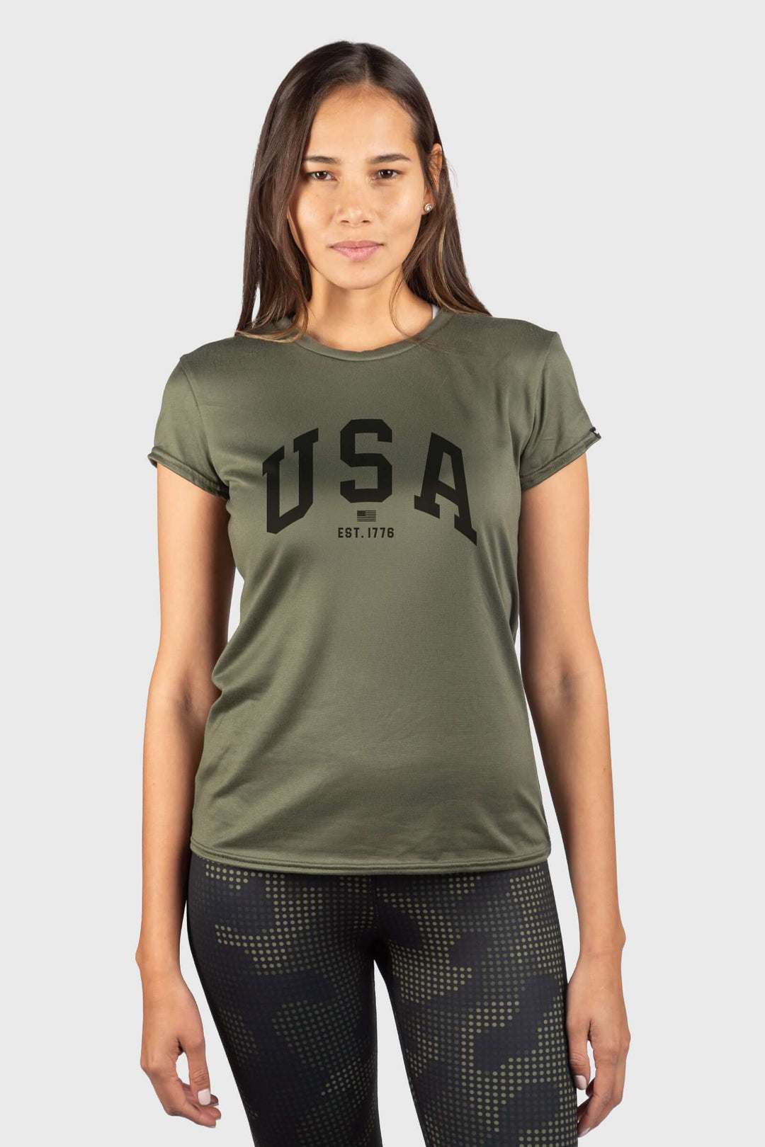 Shop the USA SoftTECH Tee by WSI Sportswear — buttery soft, wicking, anti-microbial cap sleeve tee. Olive. Made in USA. Sizes XS–XL.
