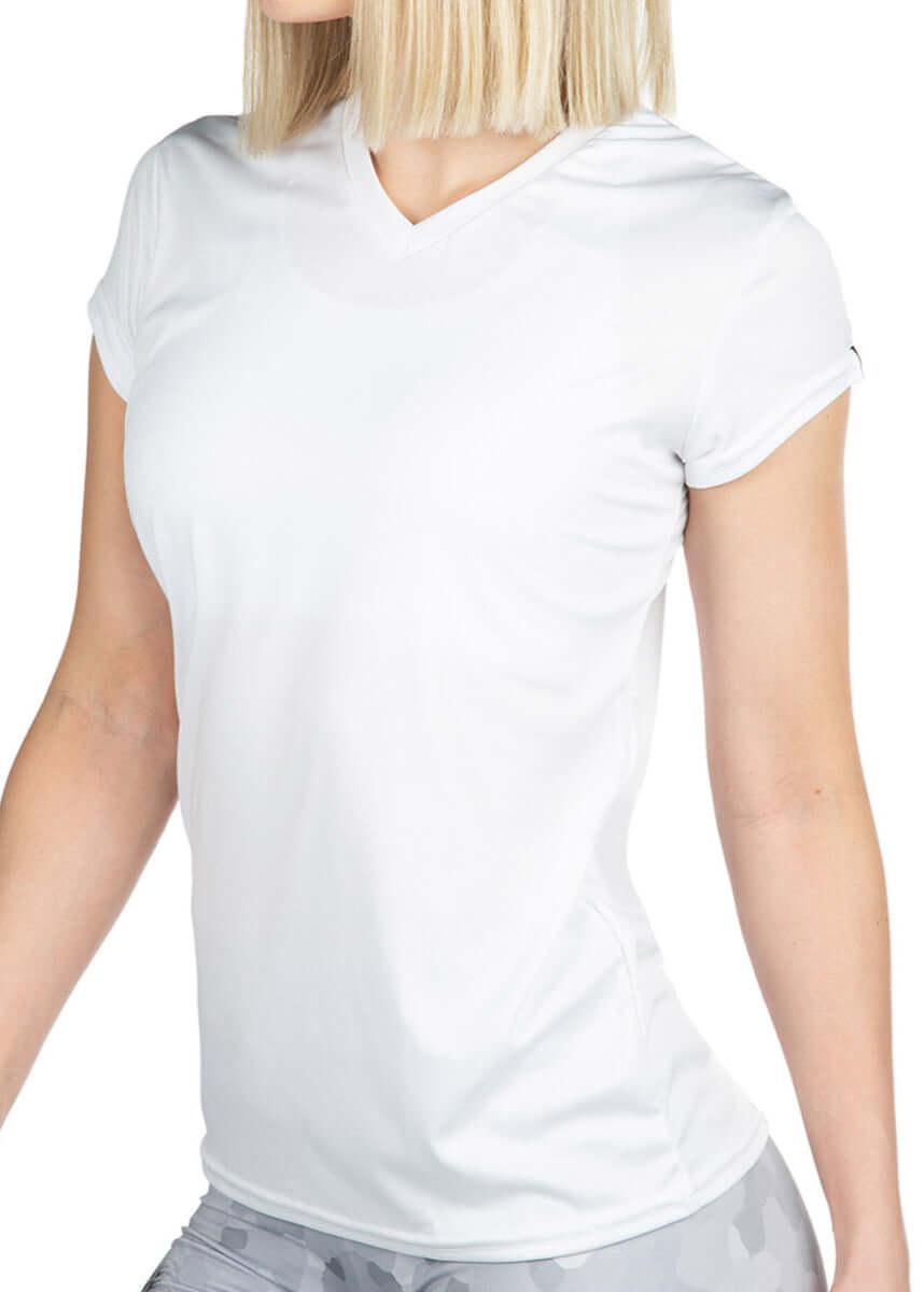 Made in USA WSI Sportswear Microtech™ Women's Loose Fit Short Sleeve V-Neck Shirt, T-Shirt in Black or White