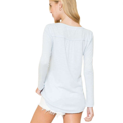 USA Made All Season V-Neck Long Sleeves Lightweight Tee Shirt Perfect for layering Super Soft Material in Pale Blue | Classy Cozy Cool Made in America Clothing Boutique