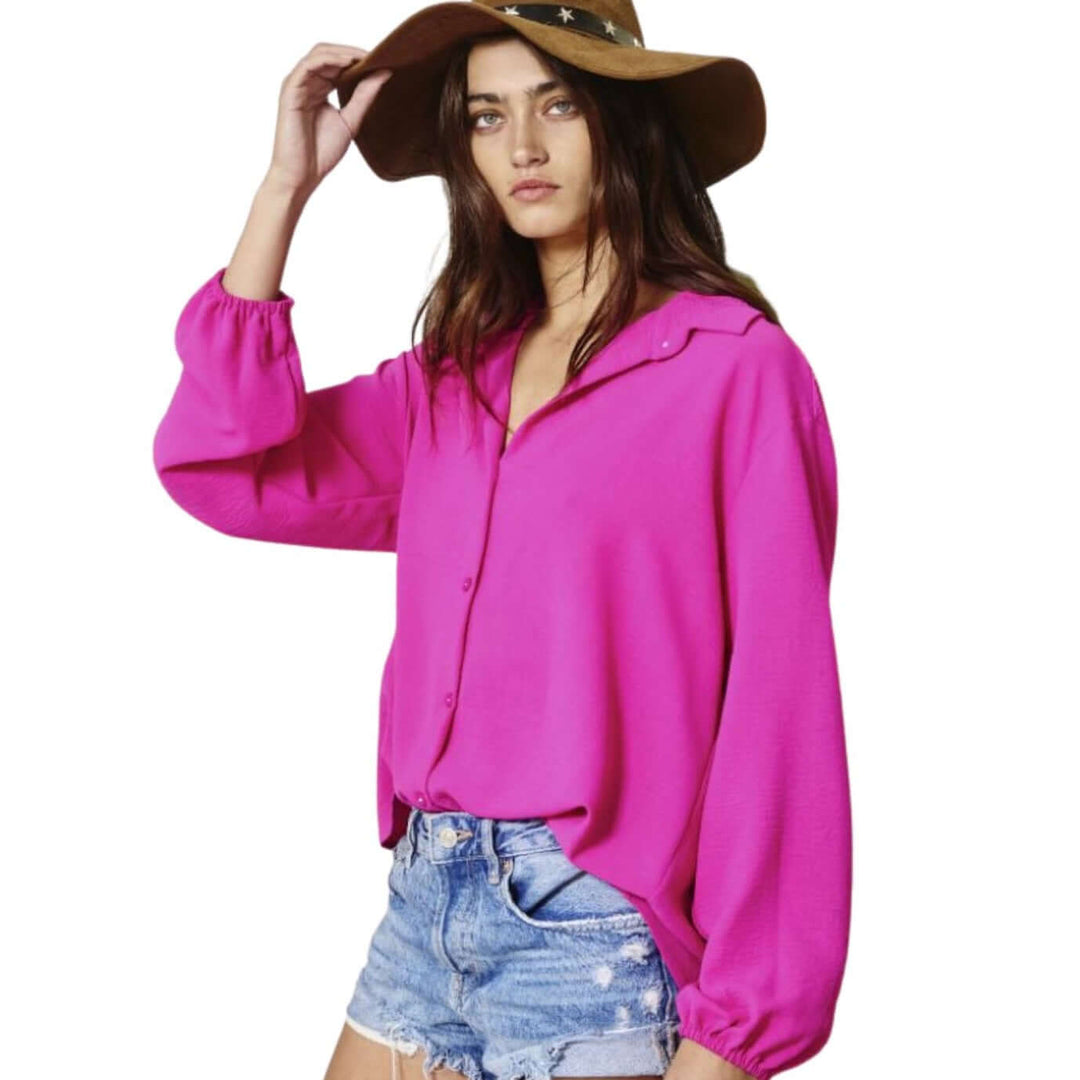 Bucket List Style# T1943 | Ladies Solid Dressy Button Down Top with Bubble Sleeves in Fuchsia Color | Made in USA | Classy Cozy Cool American Made Women's Clothing Boutique