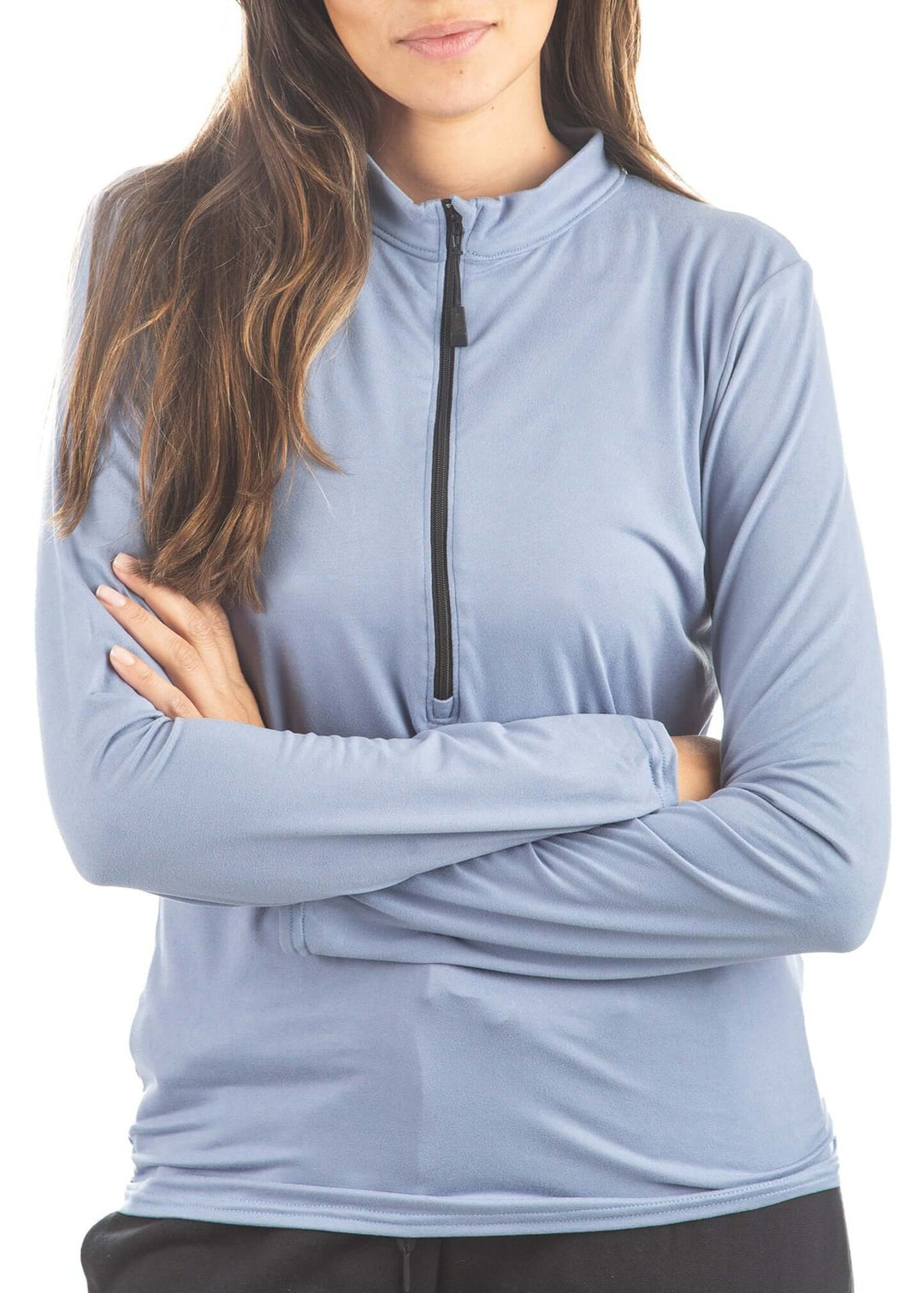 Made in USA WSI Sportswear Women's Oasis Long Sleeve 1/2 Zip SoftTECH™ Pullover in Light Blue, Machine wash, Advanced wicking properties, anti-microbial properties, UV Protection