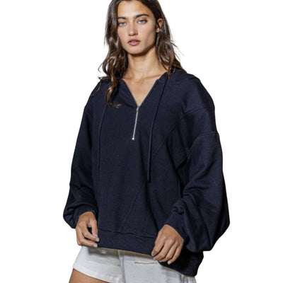 Bucket List Clothing Style# T1173 | Ladies Cotton French Terry Half Zip Oversized Pullover Hoodie Large Pockets in Black | Made in USA | Classy Cozy Cool Women's Made in America Boutique