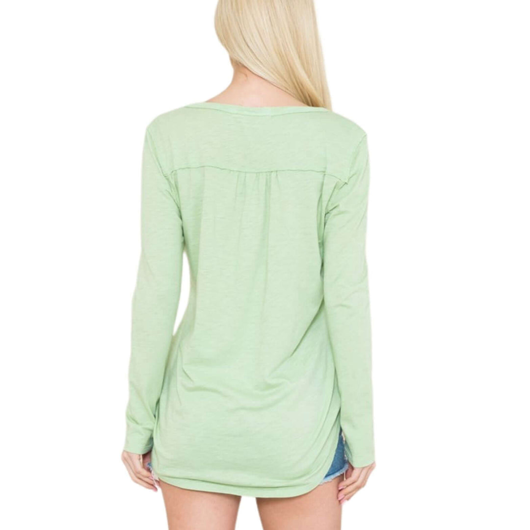 USA Made All Season V-Neck Long Sleeves Lightweight Tee Shirt Perfect for layering Super Soft Material in Pale Apple Green | Classy Cozy Cool Made in America Clothing Boutique