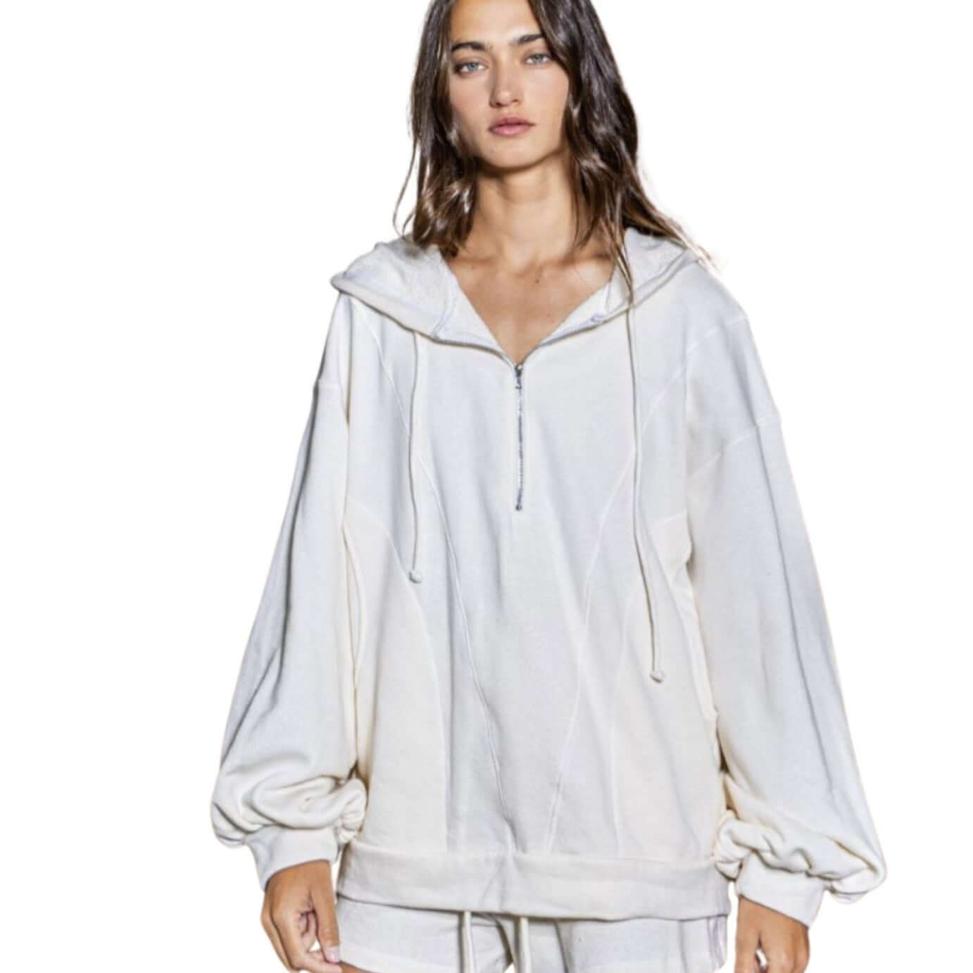 Bucket List Clothing Style# T1173 | Ladies Cotton French Terry Half Zip Oversized Pullover Hoodie Large Pockets in Cream | Made in USA | Classy Cozy Cool Women's Made in America Boutique