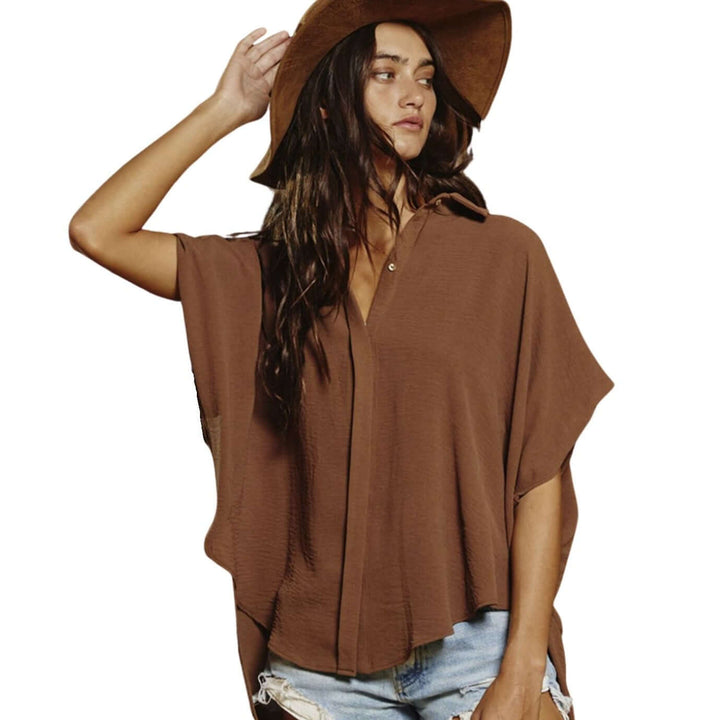 Bucket List Clothing Style T1702 | Ladies Button Down Hidden Placket High Low Top | Made in USA | Color: Coffee Brown | Classy Cozy Cool Women's Made in America Boutique