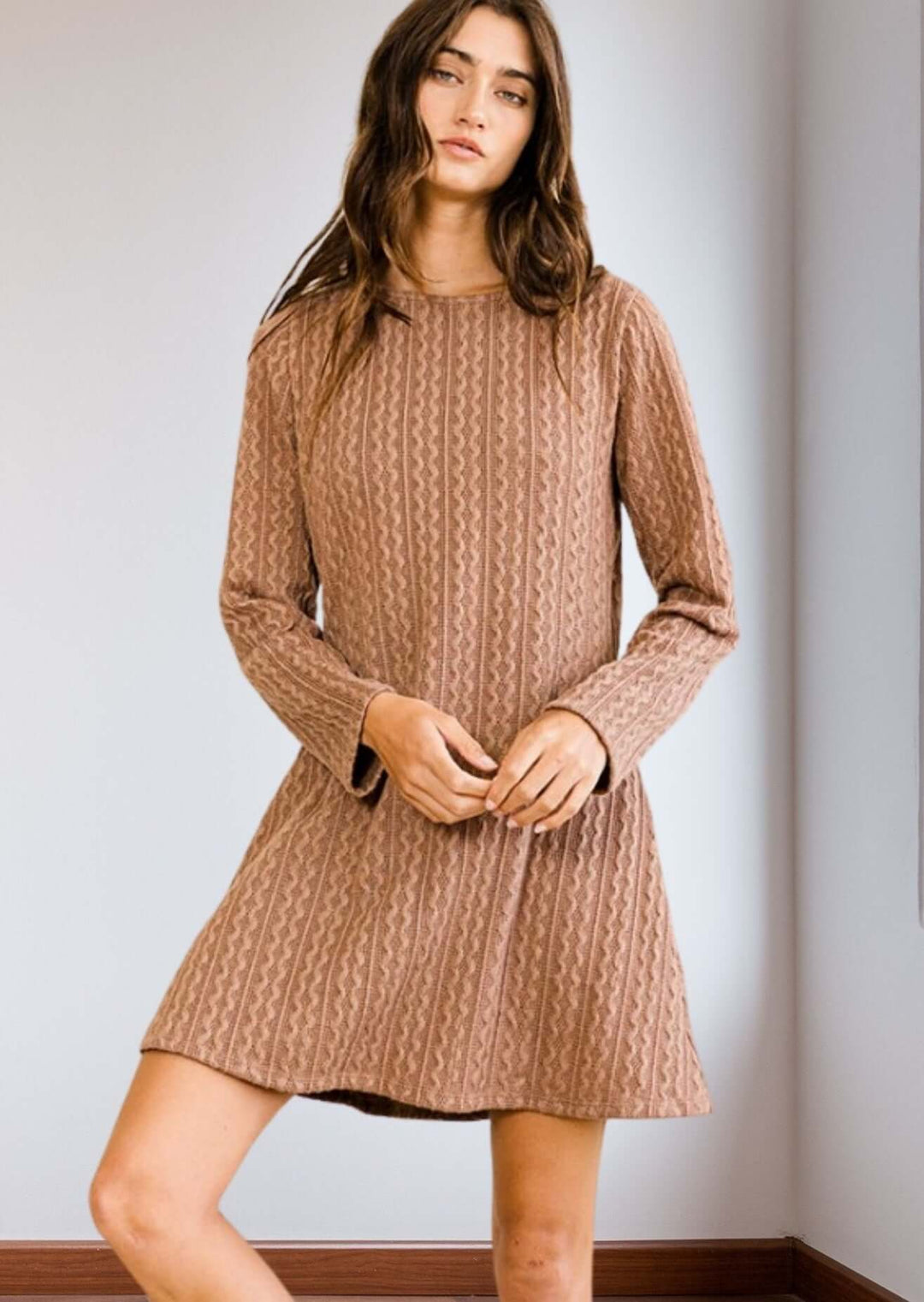 Bucket List Clothing Style# D4179 |  Women's Long Sleeve A-Line Sweater Tunic Dress in Camel | Classy Cozy Cool Women's Made in America Boutique