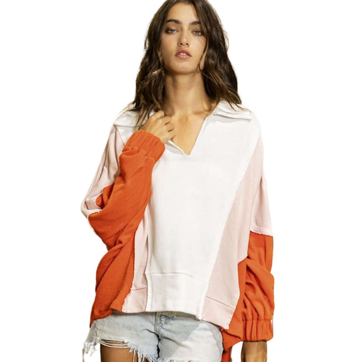 Bucket List Clothing Style# T2087 | Oversized Spread Collared V-Neck Color Block French-Terry Cotton fabric Raw Edge detail Pullover Top with Elastic cuffs in Pink, Red & White