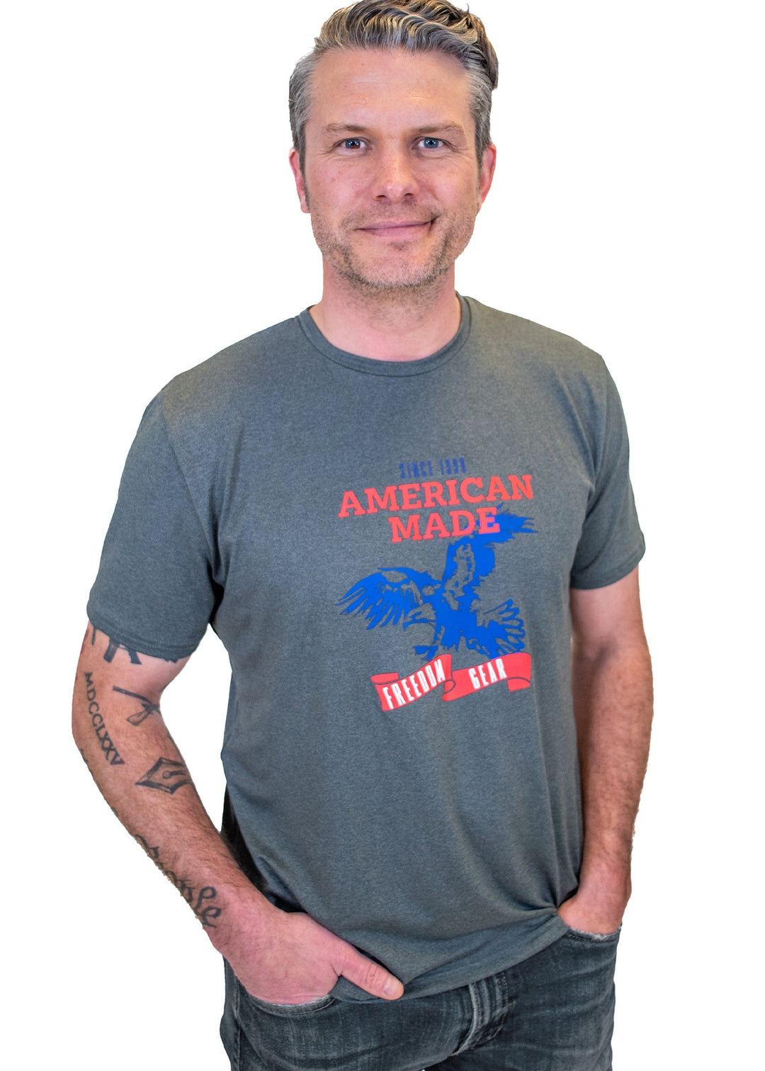 Made in USA. WSI Sportswear Men’s Patriotic American Made Graphic SoftTECH™ Tee.  Lightweight, Moisture Wicking, in Dark Gray, Light Gray or Navy