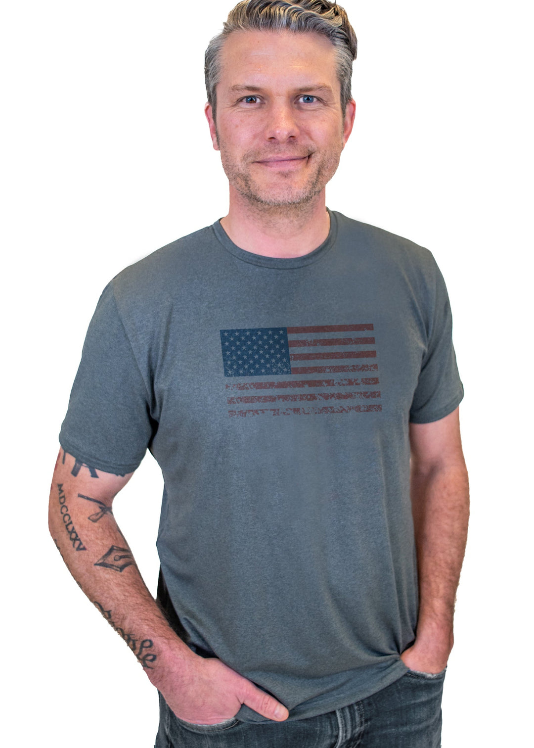 Made in USA. WSI Sportswear Men’s Patriot SoftTECH™ Tee. Distressed American Flag Graphic, Lightweight, Moisture Wicking, Light Gray T-shirt