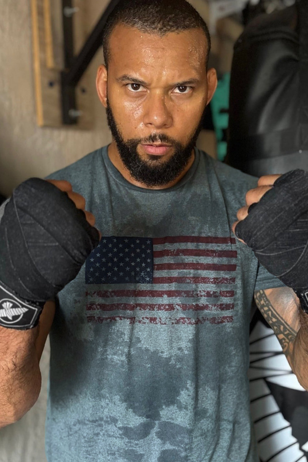Made in USA. WSI Sportswear Men’s Patriot SoftTECH™ Tee. Distressed American Flag Graphic, Lightweight, Moisture Wicking, Light Gray T-shirt
