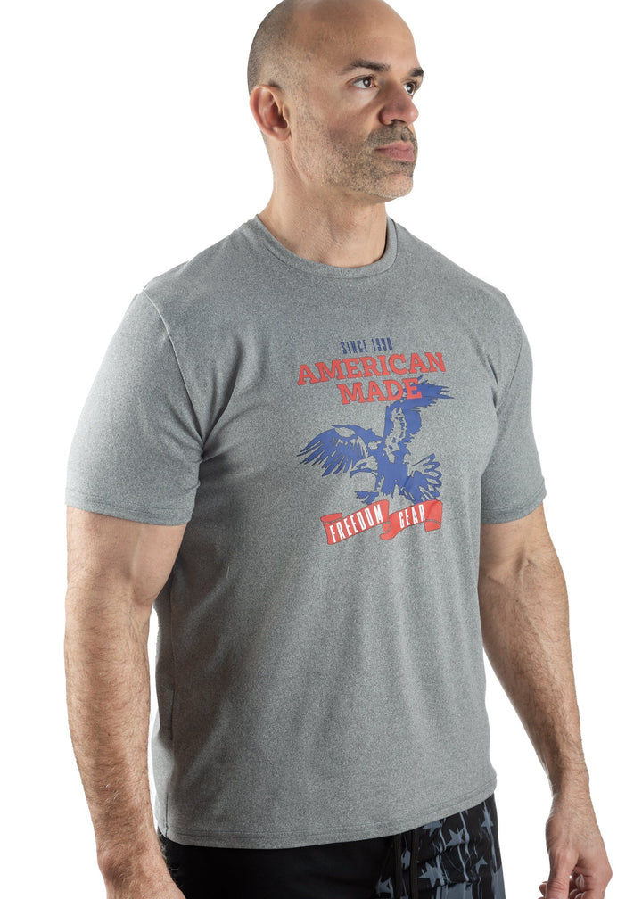 Made in USA. WSI Sportswear Men’s Patriotic American Made Graphic SoftTECH™ Tee.  Lightweight, Moisture Wicking, in Dark Gray, Light Gray or Navy