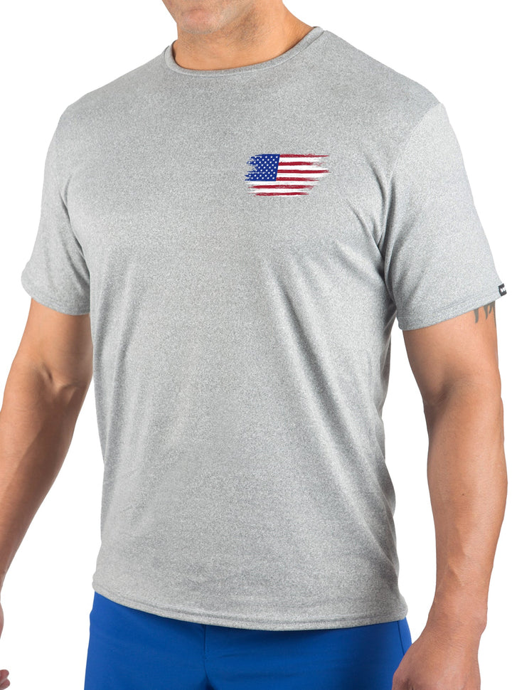 Made in USA. WSI Sportswear Men’s Patriotic Freedom Faith Family Graphic SoftTECH™ Tee.  Lightweight, Moisture Wicking, in Light Gray