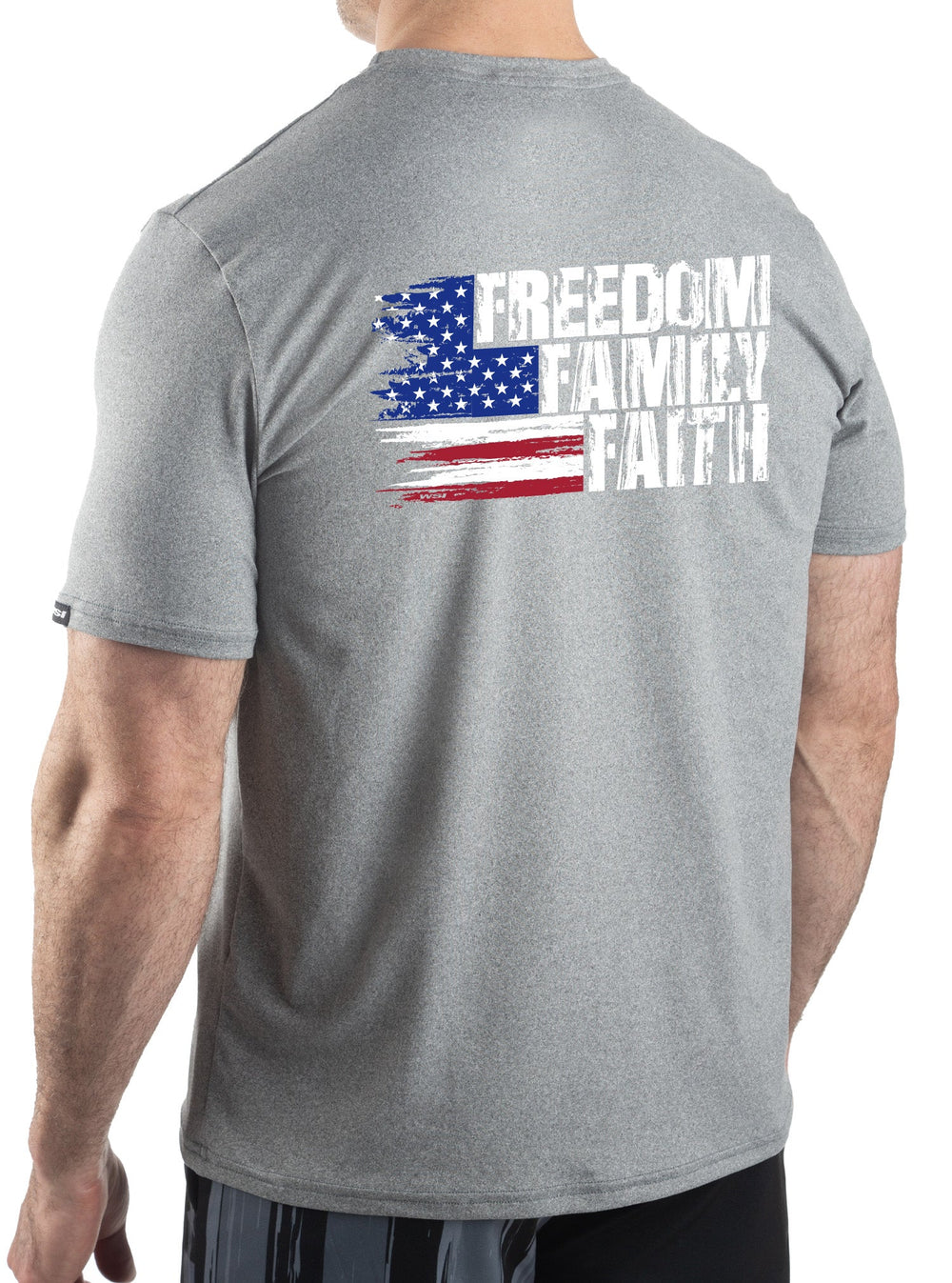 Made in USA. WSI Sportswear Men’s Patriotic Freedom Faith Family Graphic SoftTECH™ Tee.  Lightweight, Moisture Wicking, in Light Gray