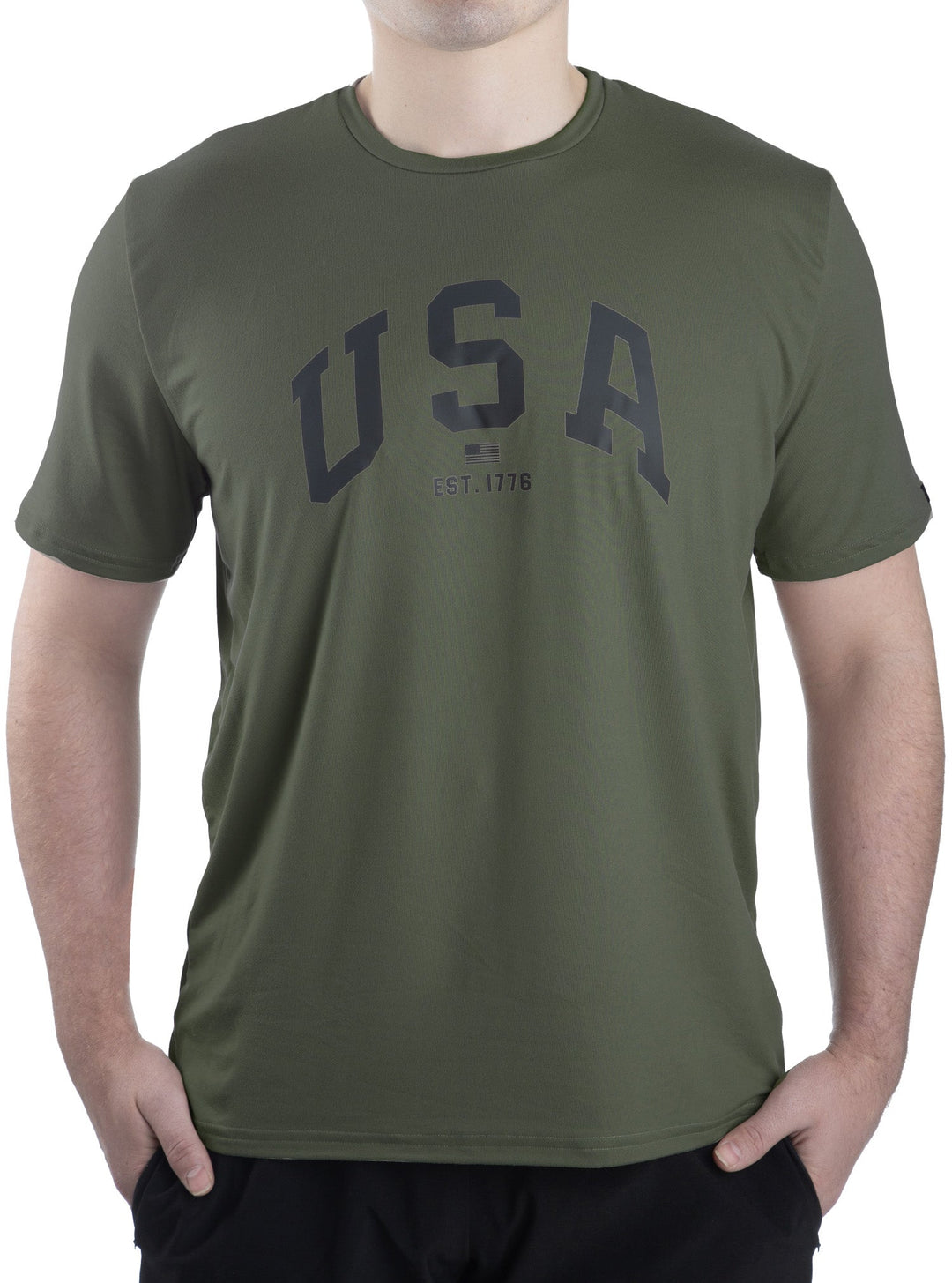 Made in USA. WSI Sportswear Men’s Patriotic USA Graphic SoftTECH™ Tee.  Lightweight, Moisture Wicking, in Dark Olive or Stone
