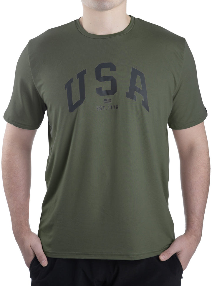Made in USA. WSI Sportswear Men’s Patriotic USA Graphic SoftTECH™ Tee.  Lightweight, Moisture Wicking, in Dark Olive or Stone