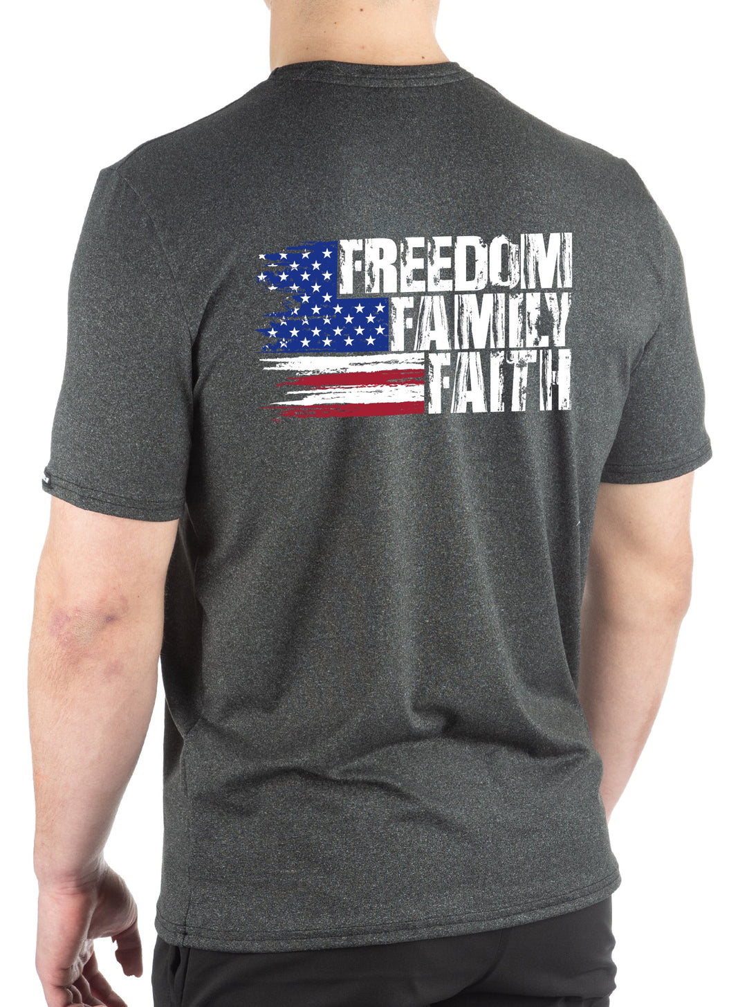 Made in USA. WSI Sportswear Men’s Patriotic Freedom Faith Family Graphic SoftTECH™ Tee.  Lightweight, Moisture Wicking, in Dark Gray