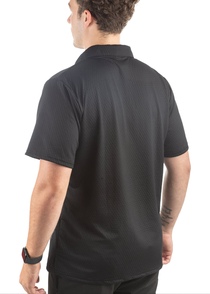 Made in USA. WSI Sportswear Men’s Illusion Mesh Loose Fit Short Sleeve Polo. Moisture Wicking. Classic Fit. Black.