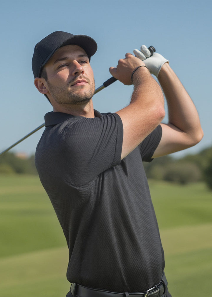 Made in USA. WSI Sportswear Men’s Illusion Mesh Loose Fit Short Sleeve Polo. Moisture Wicking. Classic Fit. Black.