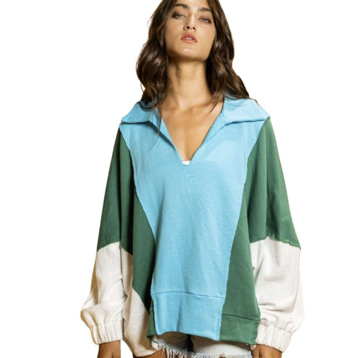 Bucket List Clothing Style# T2087 | Oversized Spread Collared V-Neck Color Block French-Terry Cotton fabric Raw Edge detail Pullover Top with Elastic cuffs in Blue, Green & White