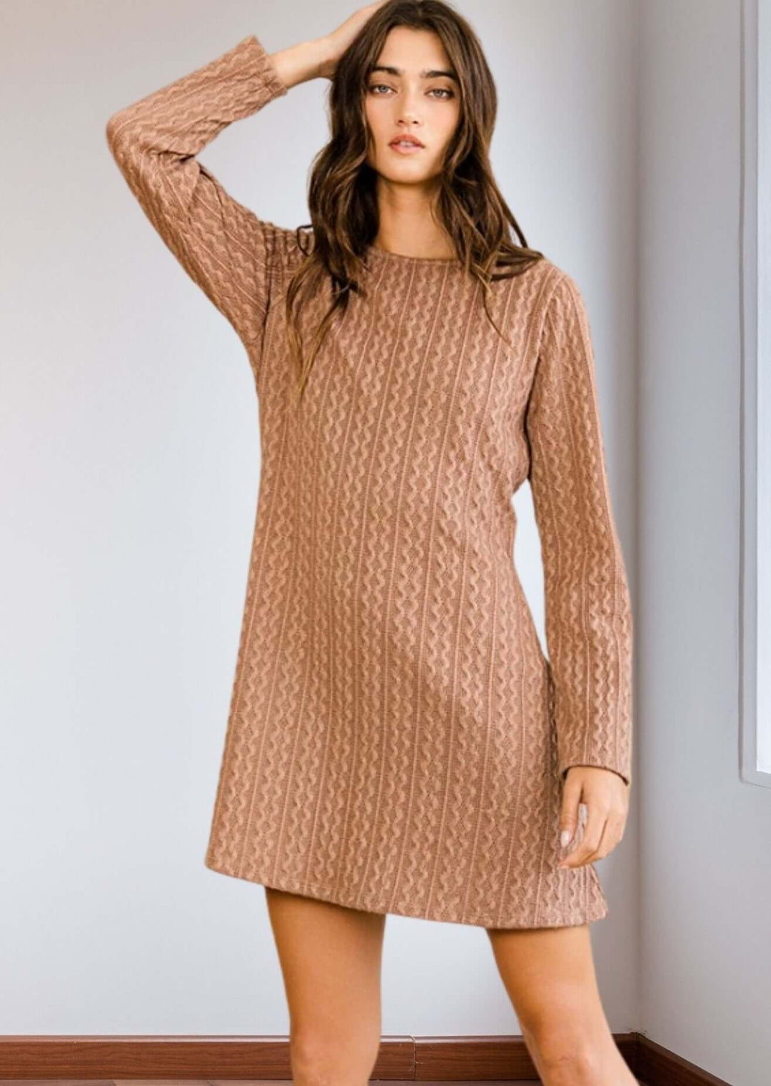 Bucket List Clothing Style# D4179 |  Women's Long Sleeve A-Line Sweater Tunic Dress in Camel | Classy Cozy Cool Women's Made in America Boutique