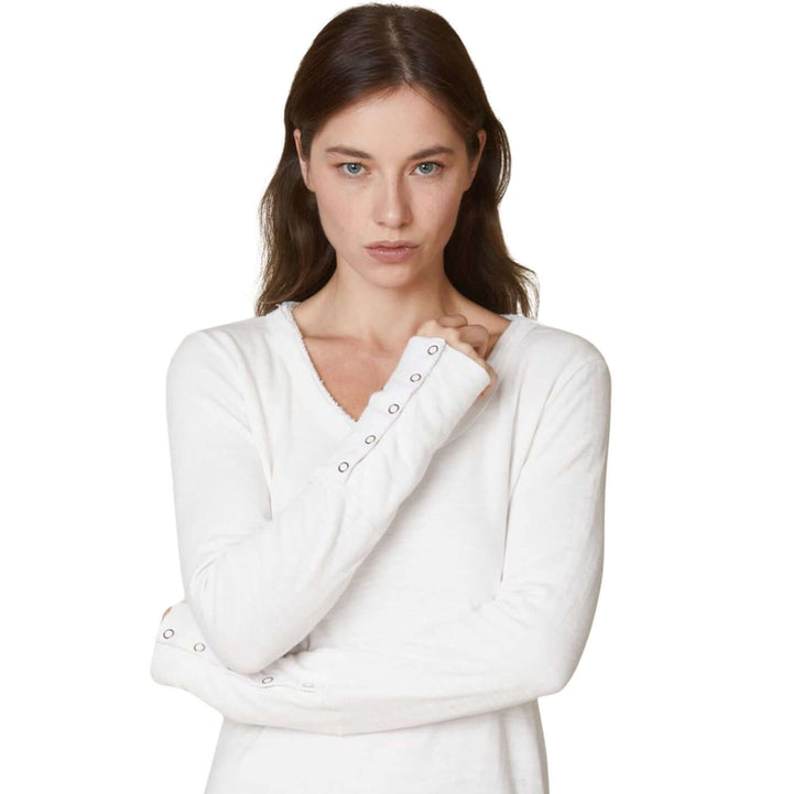 USA Made Women's Fitted Thermal Double Layer Cotton Raw Edge Long Sleeve Top With Snap Button Cuffs in White | Classy Cozy Cool Women's Made in America Clothing Boutique