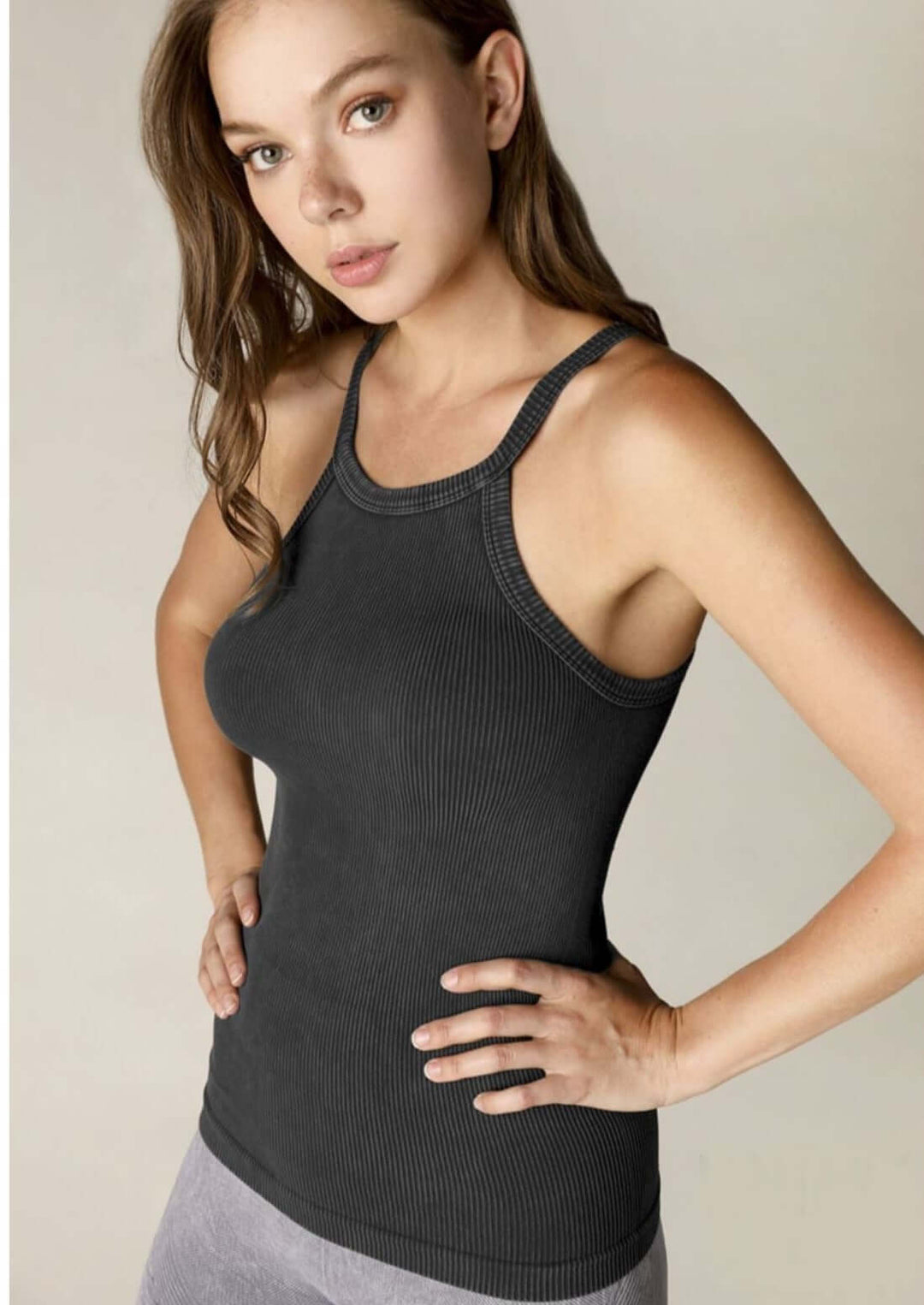 Niki Biki Ladies Fitted Vintage High Neck Ribbed Tank Style NS7799 in Vintage Black | Made in USA | Classy Cozy Cool Women's Made in America Boutique