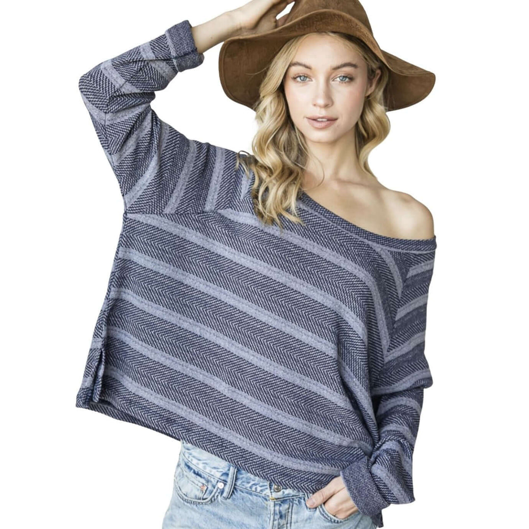 USA Made Ladies Oversized Textured Boxy Fit Striped Casual Top in Navy | Bucket List Clothing Style# T1551 | Classy Cozy Cool Women's Made in America Boutique