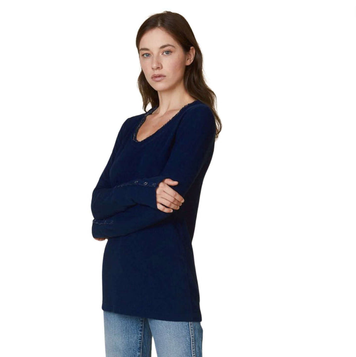 USA Made Women's Fitted Thermal Double Layer Cotton Raw Edge Long Sleeve Top With Snap Button Cuffs in Navy | Classy Cozy Cool Women's Made in America Clothing Boutique
