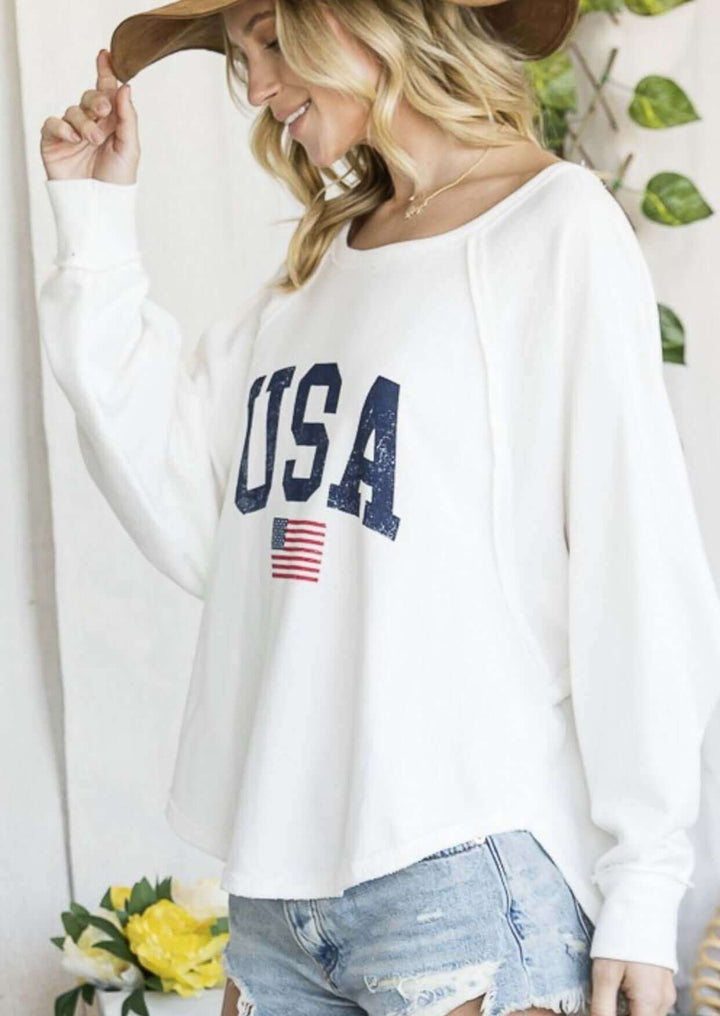 Bucket List USA Graphic French Terry Sweatshirt Style T1139 | Made in USA | Oversized Raw Edge Detail Sweatshirt Sold at Classy Cozy Cool Boutique